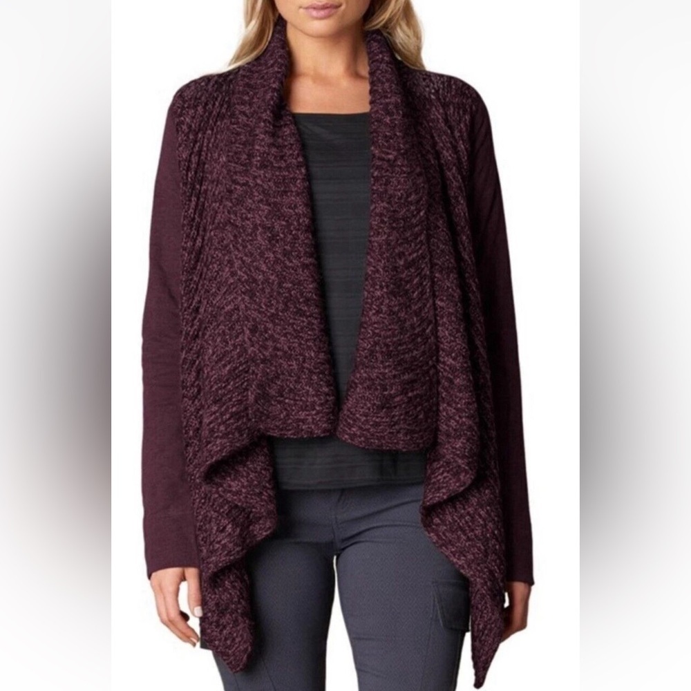 Prana Women's Burgundy Draped size Large Demure Wool Blend knit sweater Cardigan